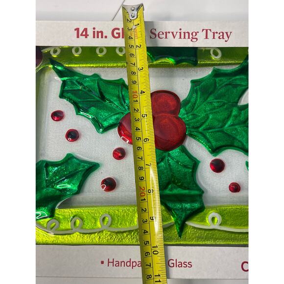 NEW Hand-Painted Glass Serving Tray Platter 14x9 Christmas Holly Leaves - Picture 8 of 8